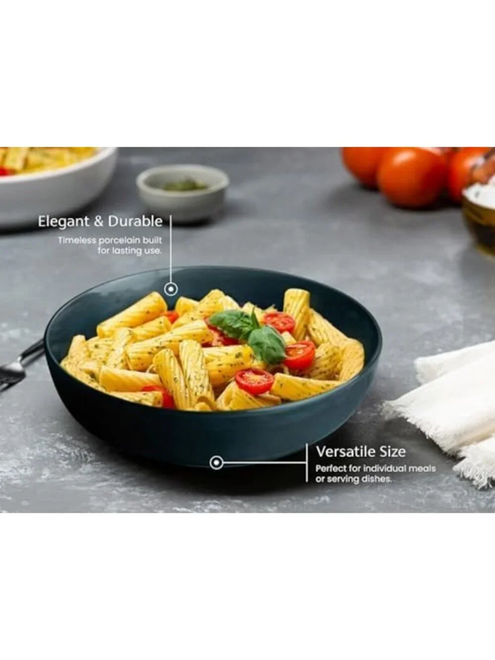 Set of 4 Dark Teal Pasta Bowls for Soups & Salads - 40 oz, Stylish & Durable